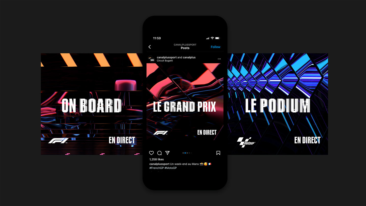 A mobile screen showing a digital display of instagram with Canal+ assets in a carousel