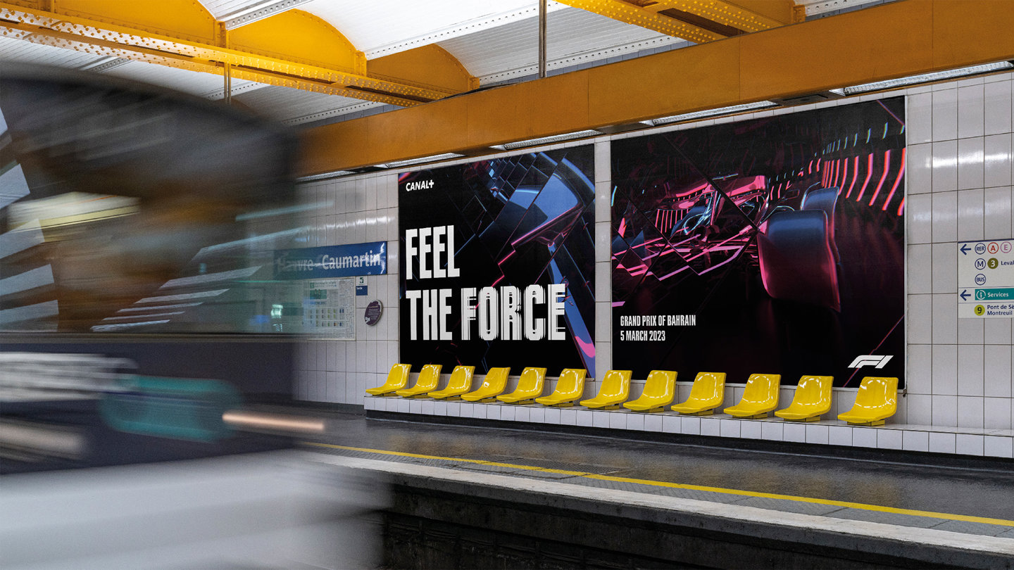 Two print ads for Canal+ reading 'Feel the force' on a station platform behind seating