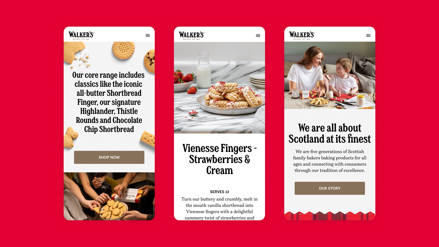 Three phone screens showcasing Walkers website screens with typeface in action and imagery