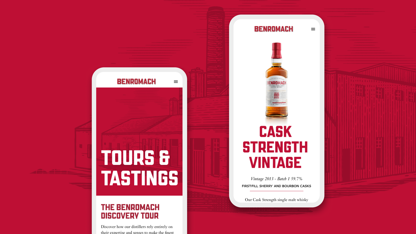 White mobile screens showing Benromach website screens on a red illustrated distillery background