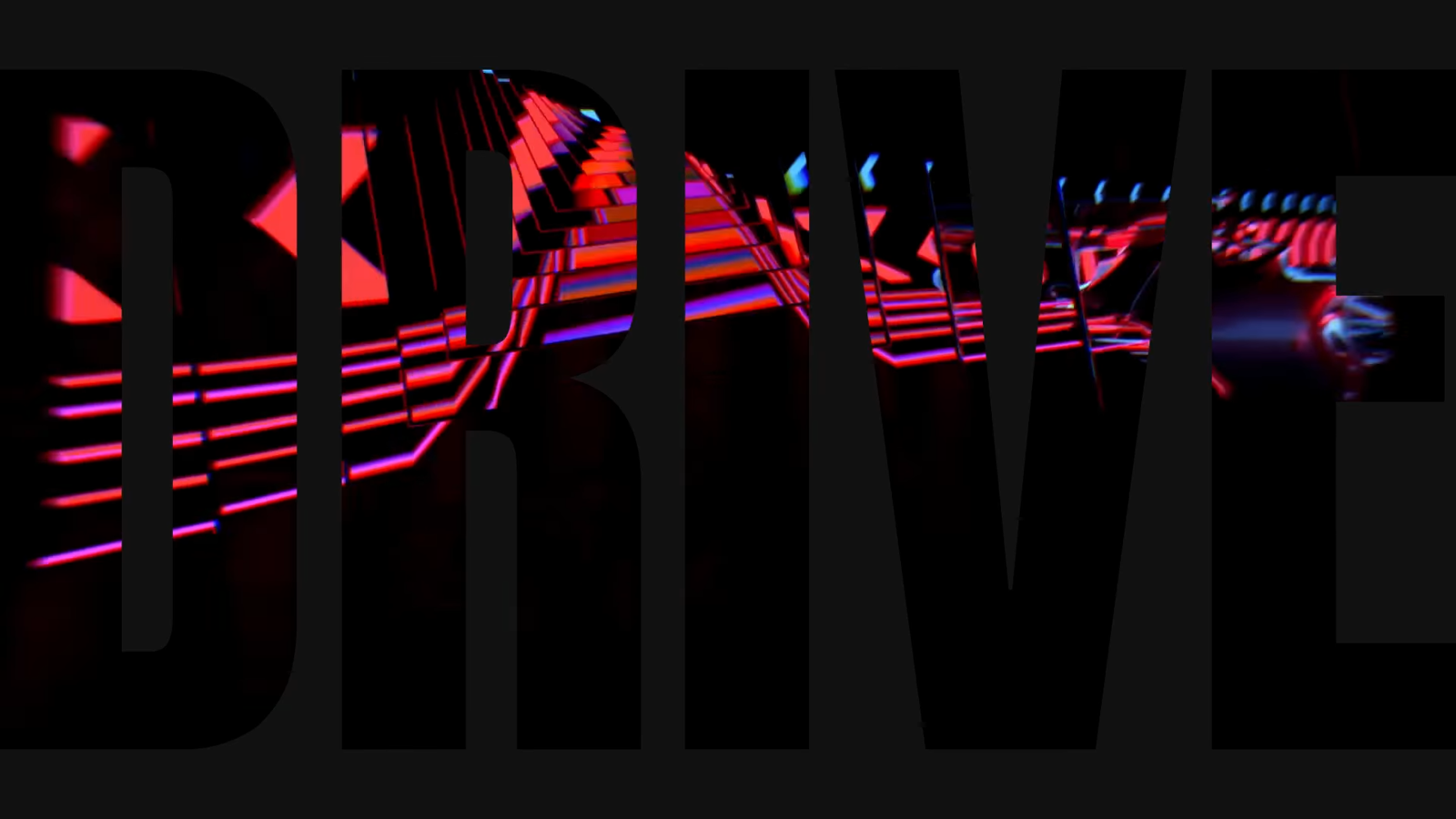 Digital blue and red lights in a repeating arrow pattern on a black background inside the word DRIVE