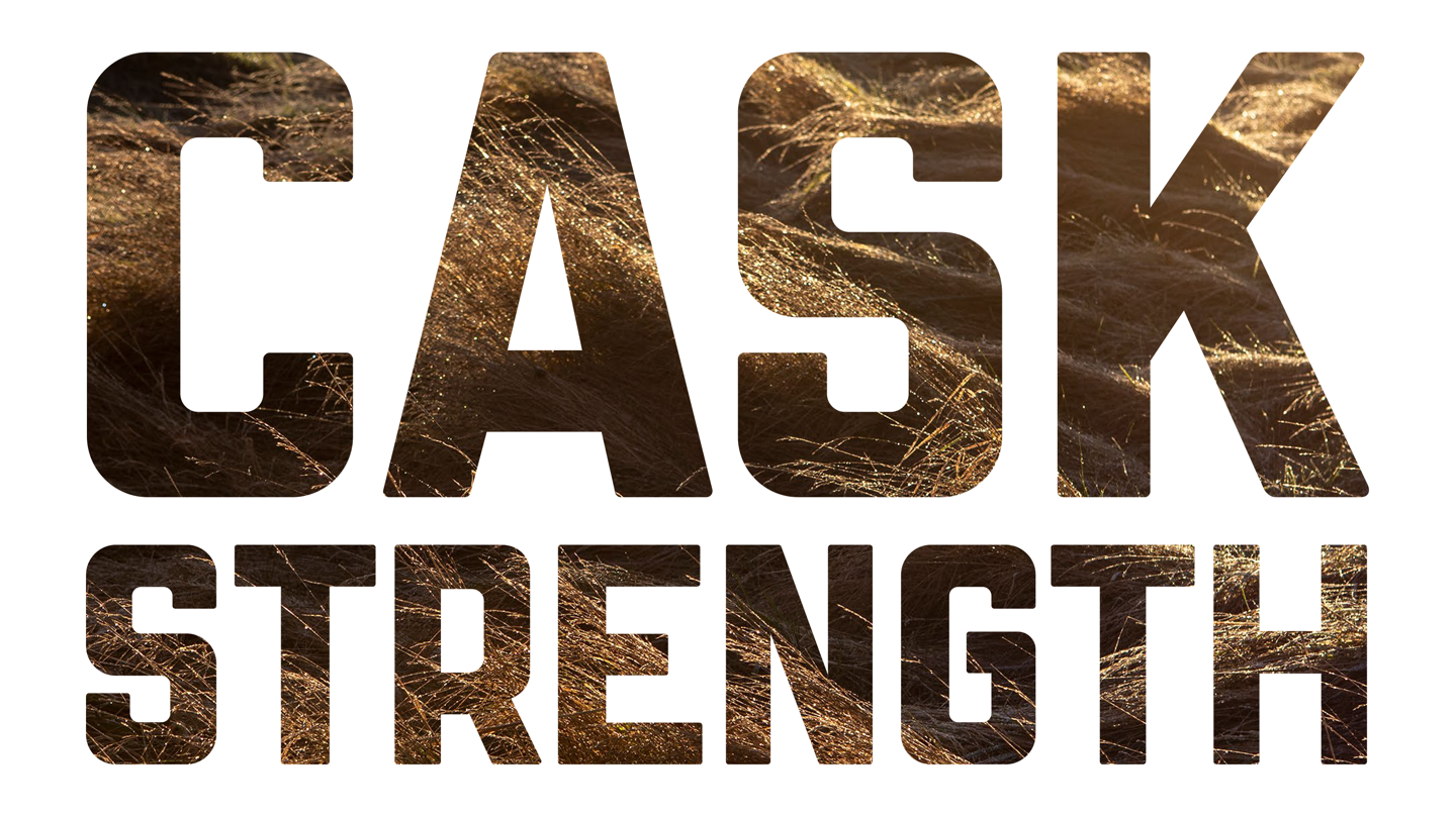 Cask Strength text on a white background with barley as an image in the text