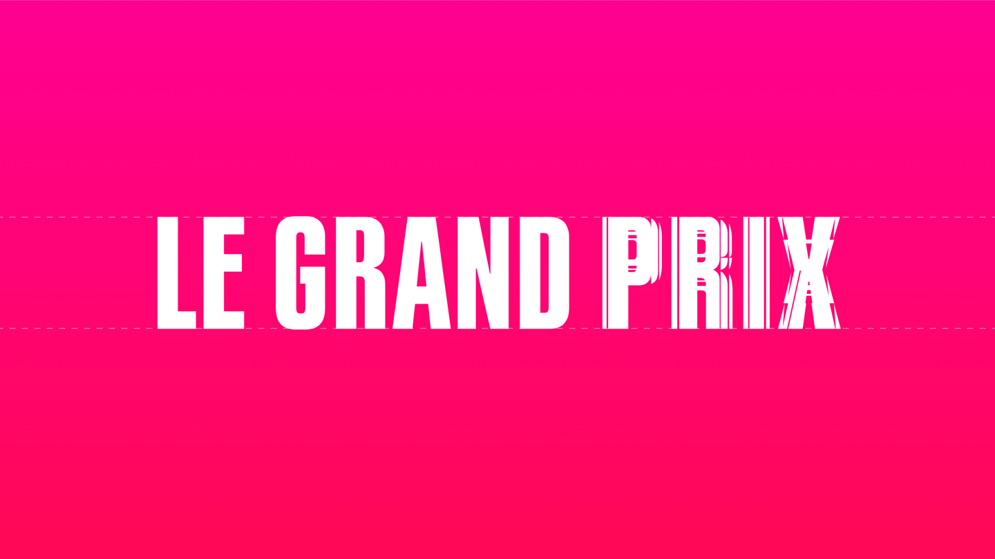 Le Grand Prix in uppercase white Canal+ typeface on a pink background