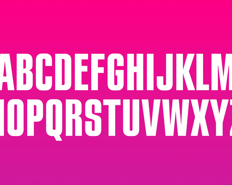 The alphabet in uppercase white Canal+ typeface on a pink background
